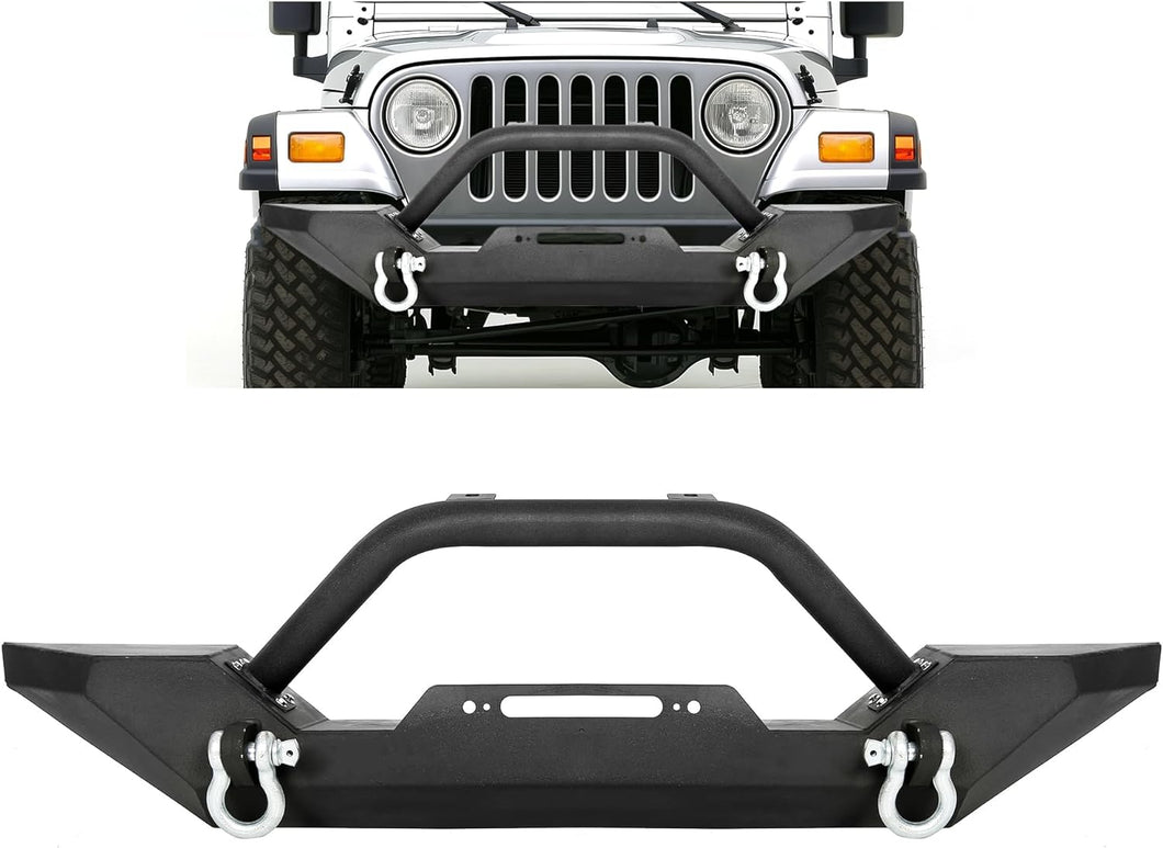 KOJEM Front Bumper Compatible with 1986-2006 Jeep Wrangler TJ YJ with Winch Plate D-Ring Black Rock Crawler Heavy Duty