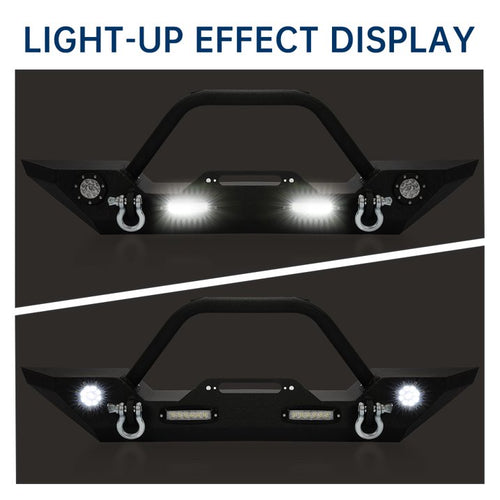 Kojem Front Bumper with Winch Plate, LED Lights, and D-Rings - Compatible with 2007-2018 Jeep Wrangler JK, 2018-2022 Wrangler JL, Unlimited JLU, and 2020-2022 Gladiator JT