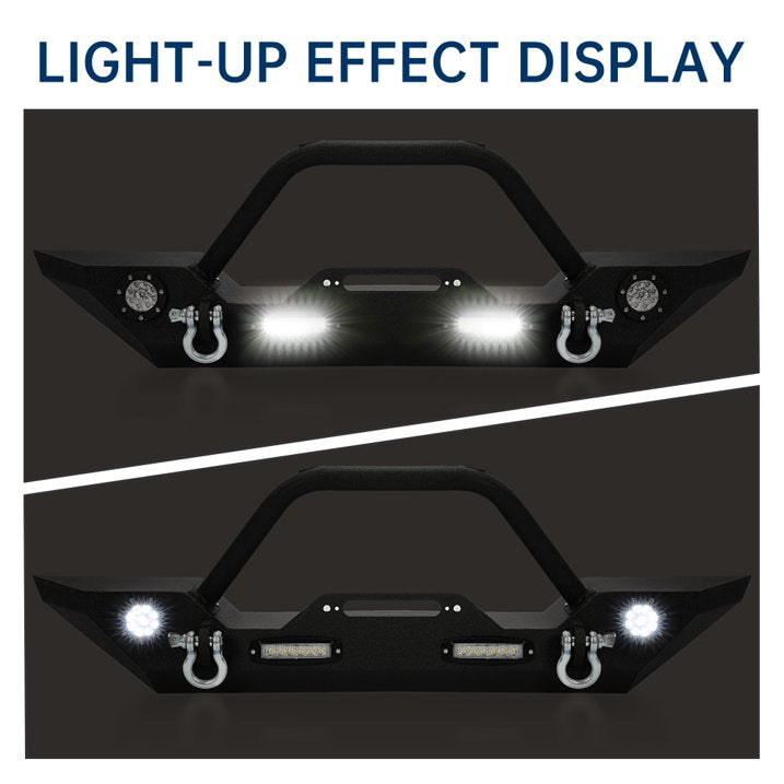 Kojem Front Bumper with Winch Plate, LED Lights, and D-Rings - Compatible with 2007-2018 Jeep Wrangler JK, 2018-2022 Wrangler JL, Unlimited JLU, and 2020-2022 Gladiator JT